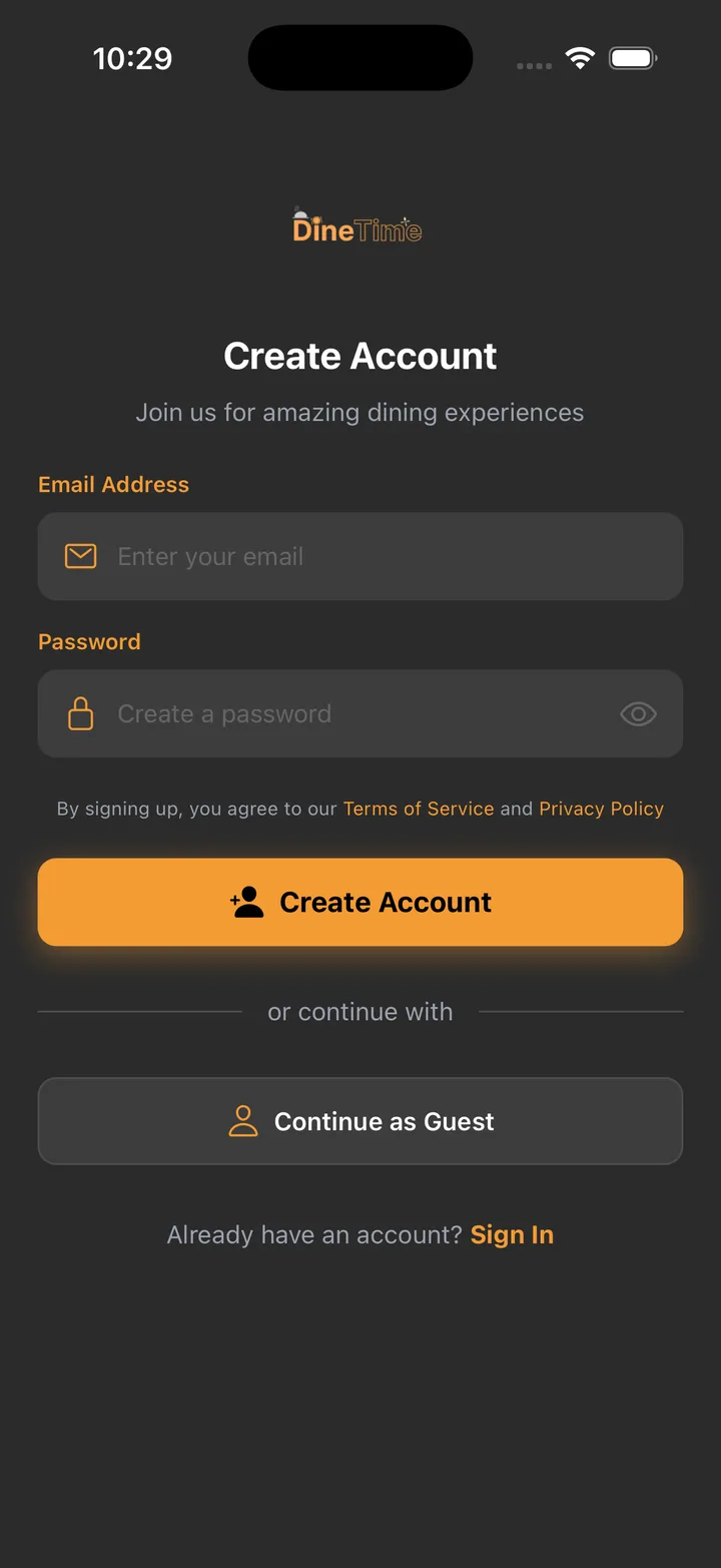 Dine time app screen 2
