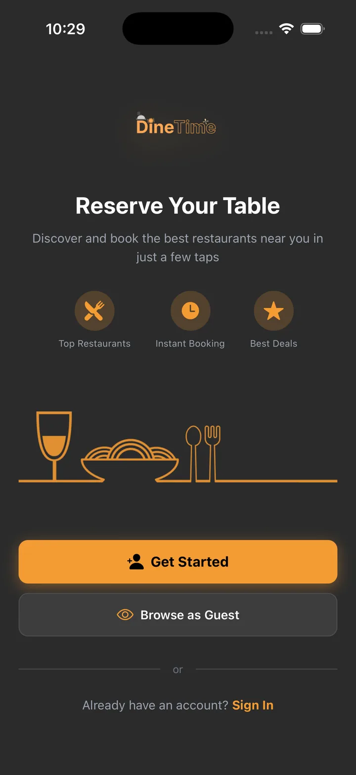 Dine time app screen 1